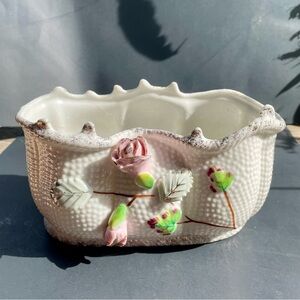 Vintage White Hobnail Porcelain Roses Planter Dish Gold